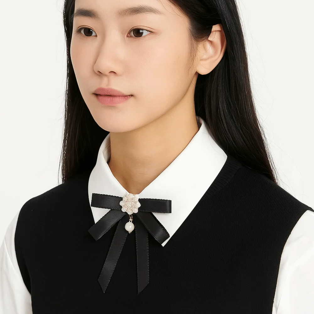 بلون أسود الشريط دبوس الراين اللؤلؤ الأسود القوس ربطة العنق JK متعدد الطبقات الشريط شارة بروش الملحقات الموحدة