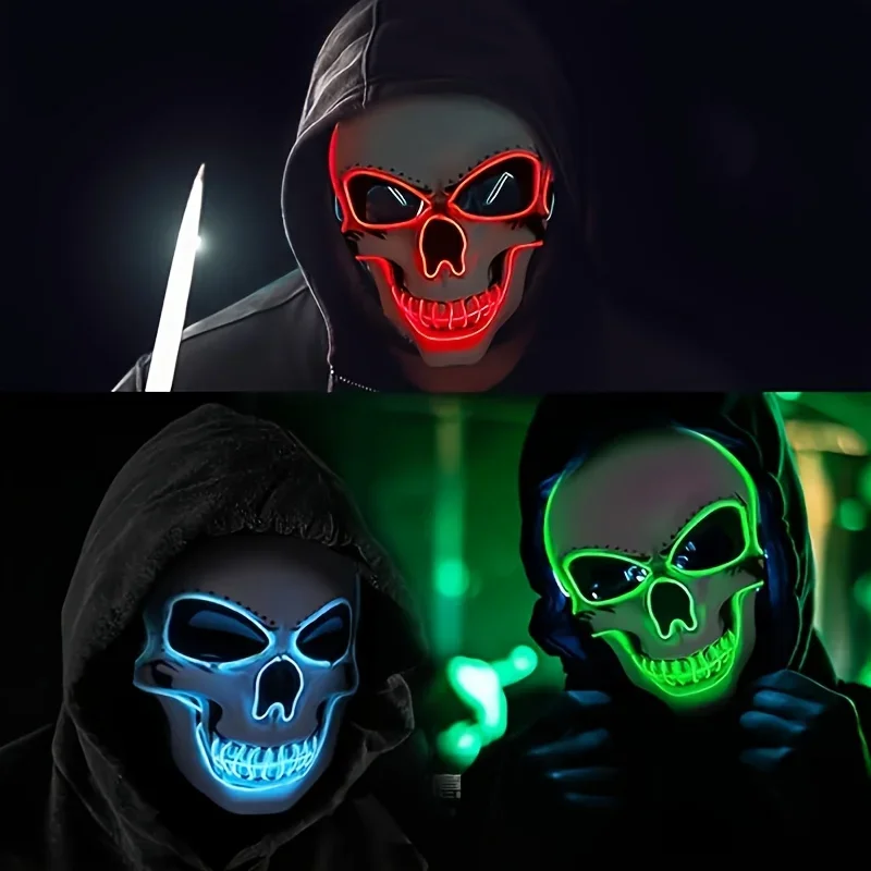 LED Halloween Mask,Neon Glow Party Costume Lighting,PVC Horror Face Mask for Adults/Teens,Halloween,Haunted Houses,Clubs,Festive