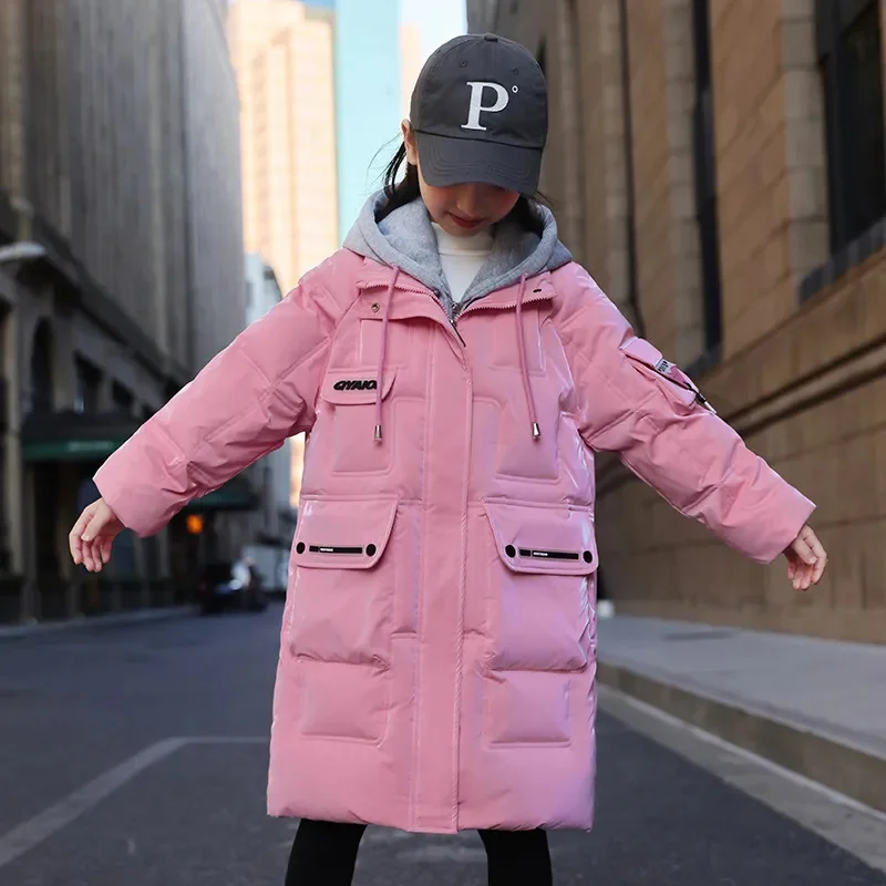 Kid Girls Clothes Fashion Fake Two-piece Hooded Down Jacket Winter Mid-length Coats Teenager Korean Thick Warm Tops 8 10 12 14 Y