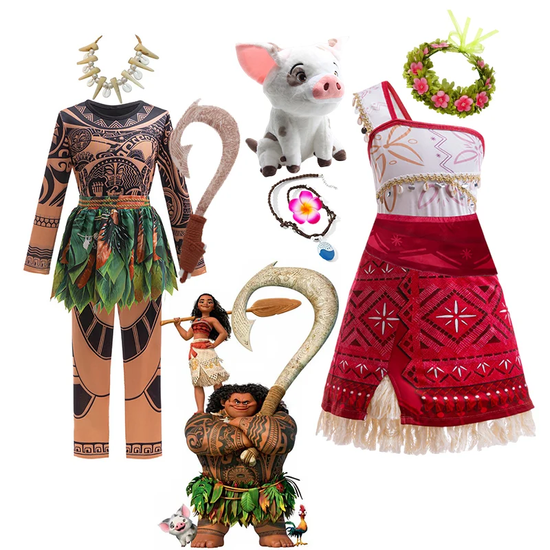 Disney Movie Moana Boys Girls Cosplay Costume Moana Maui Tattoo Print Two-Piece Sets For Kids Halloween Carnival Vaiana Outfits