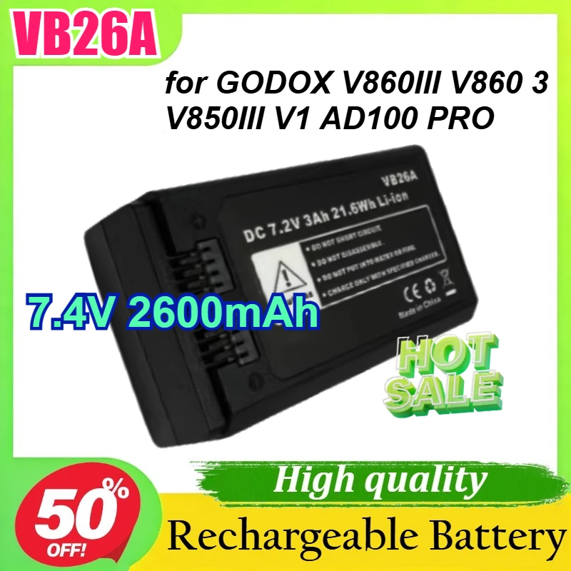 VB26A V860 7.4V 2600mAh for GODOX V860III V860 3 V850III V1 AD100 PRO Strobe Lighting Battery