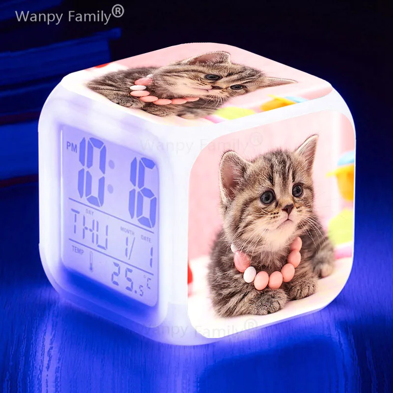 Hello Cat Alarm Clock 7Color Changing Glowing Multifunction Wake Up Timer Reloj Kids Room Small Night Lights Desk Clock