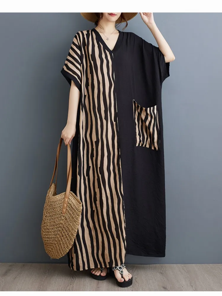 Oversized Summer V-Neck Long Dress Women Striped Print Patchwork Fashion Ladies Dresses Casual Loose Pleated Woman Dress