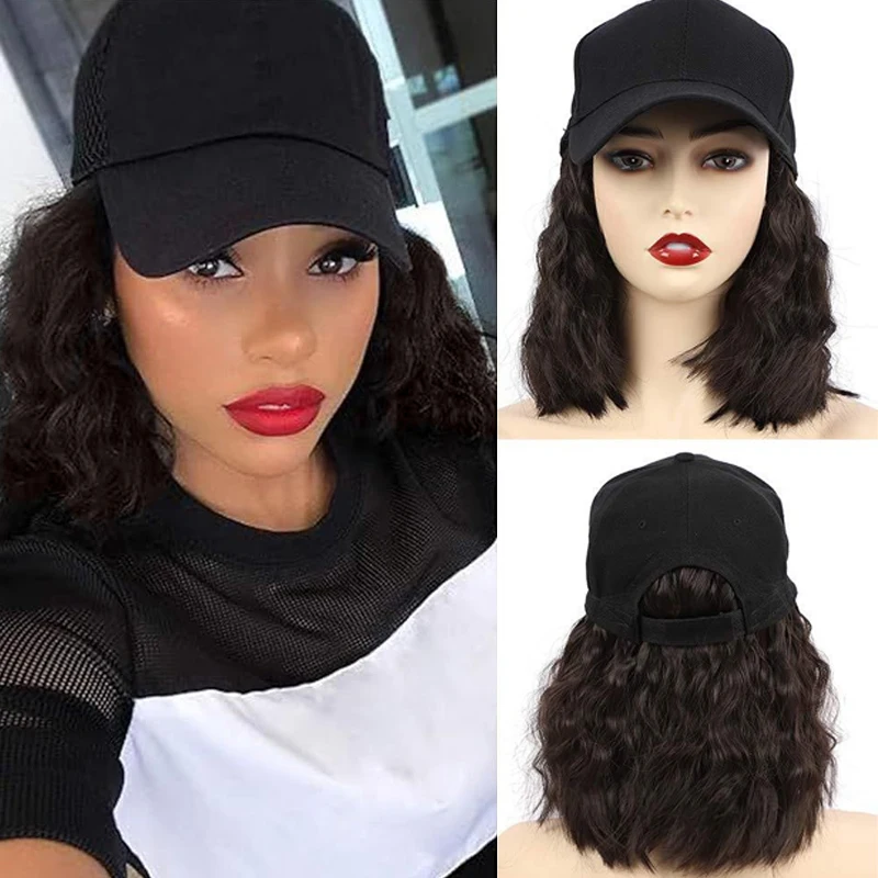 

Bob Hair Wig Cap Short Wavy Curly Hair Extensions Hairpiece with Black Baseball Cap Natural Women Wigs with Hat Heat Resistant