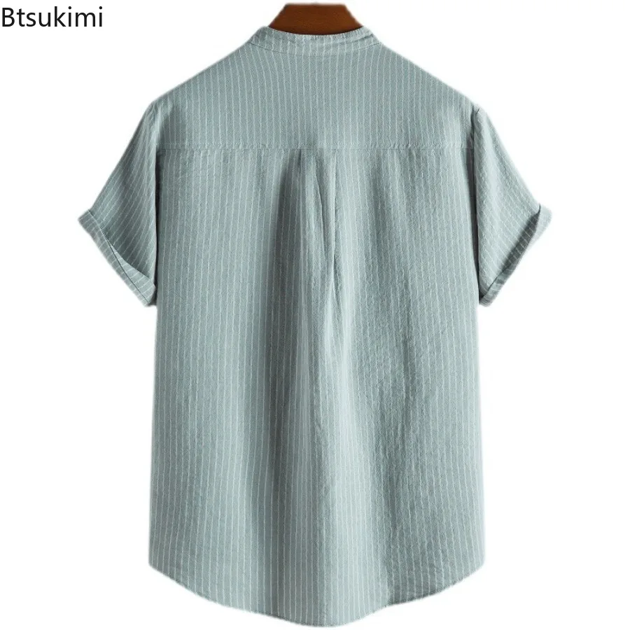 Verão novo masculino manga curta listrado solto camisas casuais moda meio botão-up pullovers simples e confortável camisas de algodão masculino