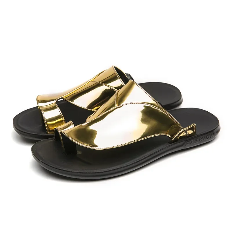 

2025 Luxury Gold Flip Flops Man Metallic Leather Sandals Men Open-toe Slippers Comfort Outdoor Sandals for Men Chanclas Hombre