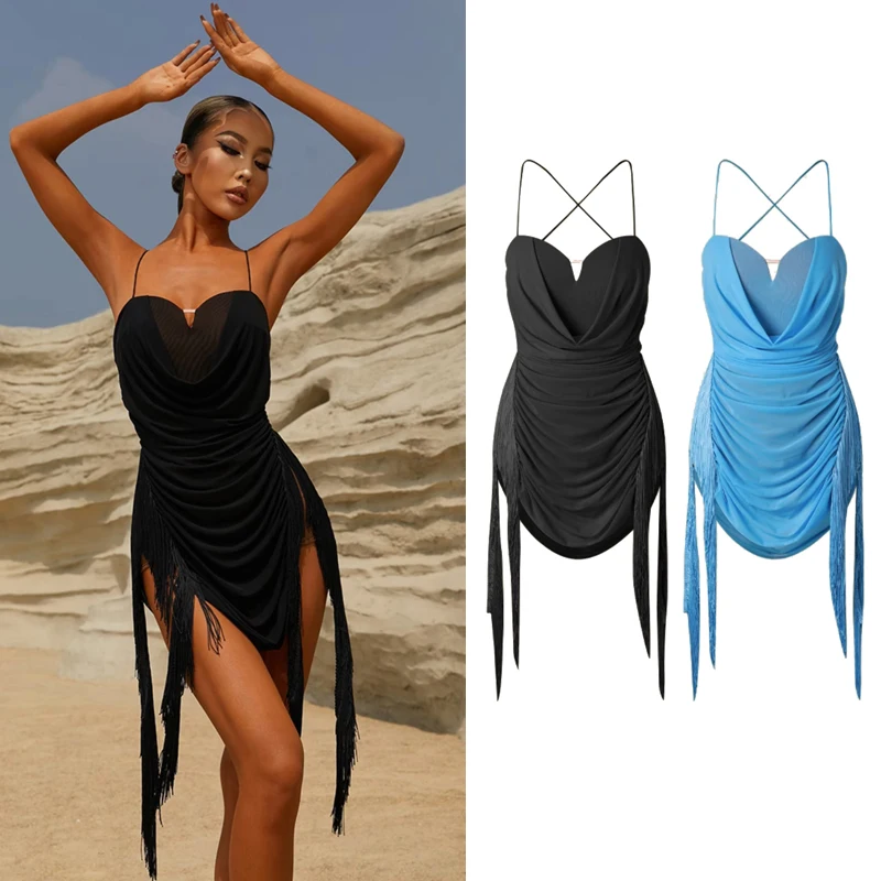 2023 Latin Dance Dress Women Sexy Performance Costume Strap Backless Fringe Dress Cha Cha Rumba Dress Practice Clothes DNV17603