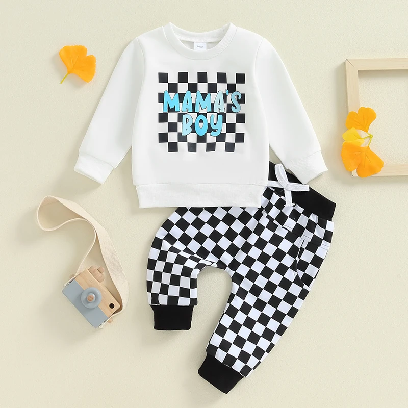 2024-05-31 Lioraitiin Toddler Boys Checkered Set Letter Print Long Sleeve Round Neck Tops Pocket Long Pants 2-Piece Outfits image 2
