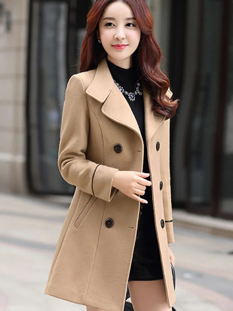 Autumn Winter Plus Size Jacket Womens Double Breasted Solid Color Coat Korean Slim Female Woolen Jacket Womens