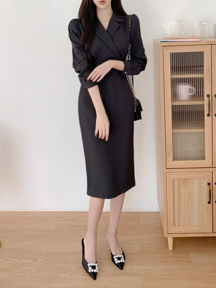 Ele automne longue Sve minceur Midi Dr femmes costume col taille cintrée jupe moulante Dr trajet convivial