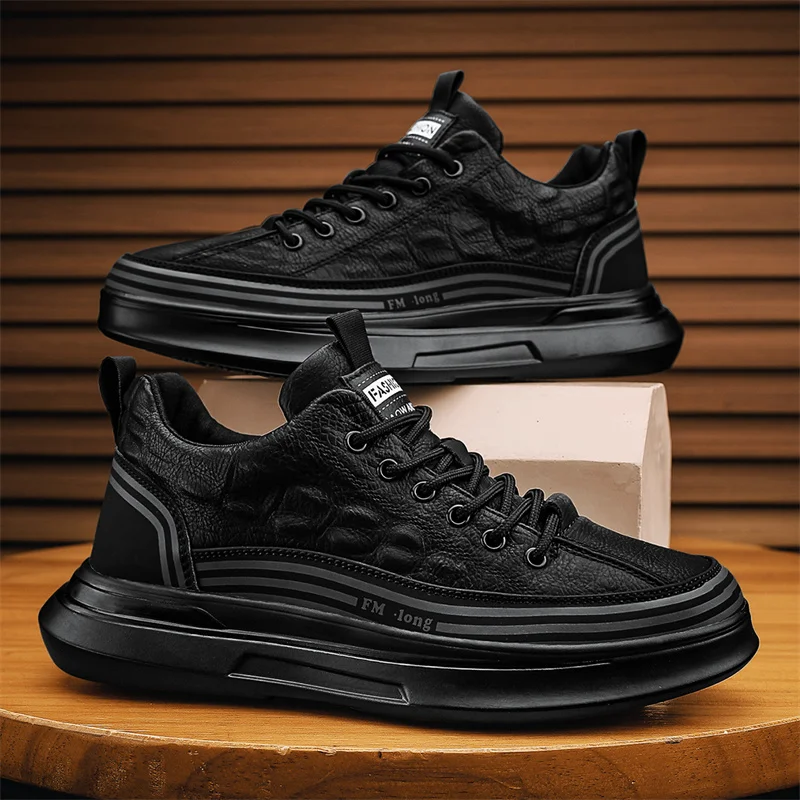 

Мужская спортивная обувь, черная мягкая кожа, повседневные осенние модные износостойкие кроссовки на толстой подошве, новинка 2025 года, мужские кроссовки на шнуровке