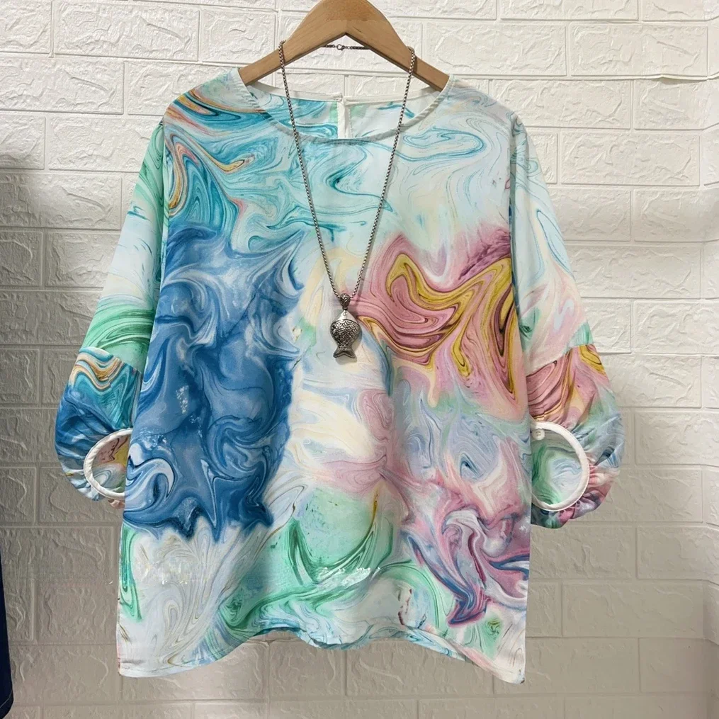 

Fashion Loose Printed Blouses Women Summer Short Sleeve Shirts Mother Gradient Pullovers Tops roupas femininas