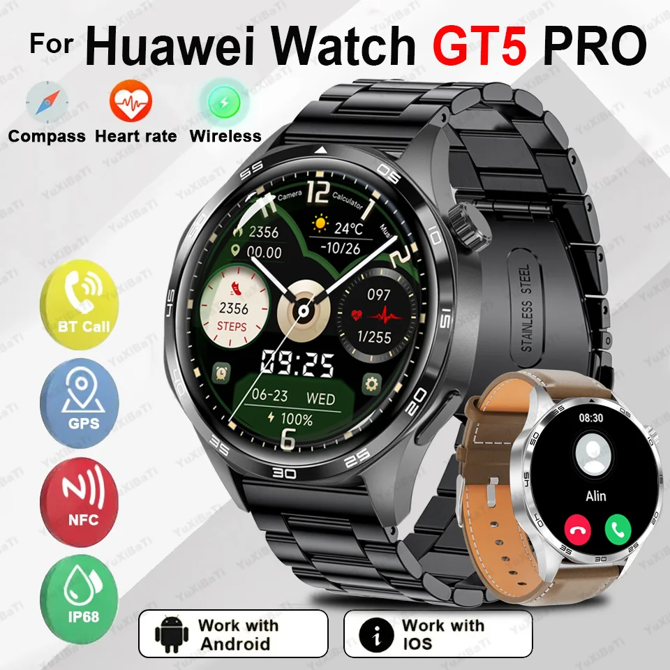 New For Huawei Watch 5 Pro Smart Watch Men AMOLED Screen BT Call GPS Sport NFC Health Monitor Smartwatch Watch GT4 Pro Upgrade