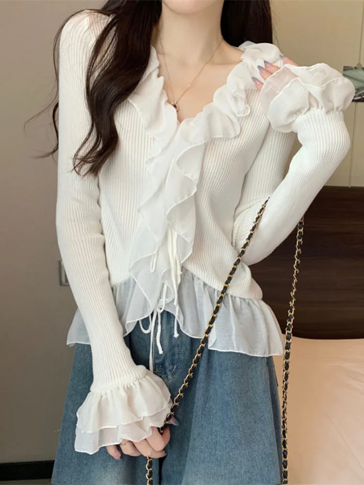 Knitted Sweater Women V Neck Ruffles Flowers Irregular Split Slim Flare Long Sleeve Crop Top Female Elegant Sexy Pullover