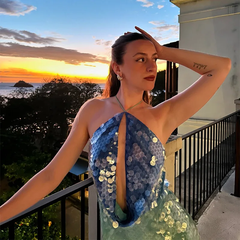 2025 New Halter Hollow Out Beach Dresses For Women 2 Piece Swimwear Bikini Mesh Swimming Elegant Cover-Up Skirt Sexy Vacation