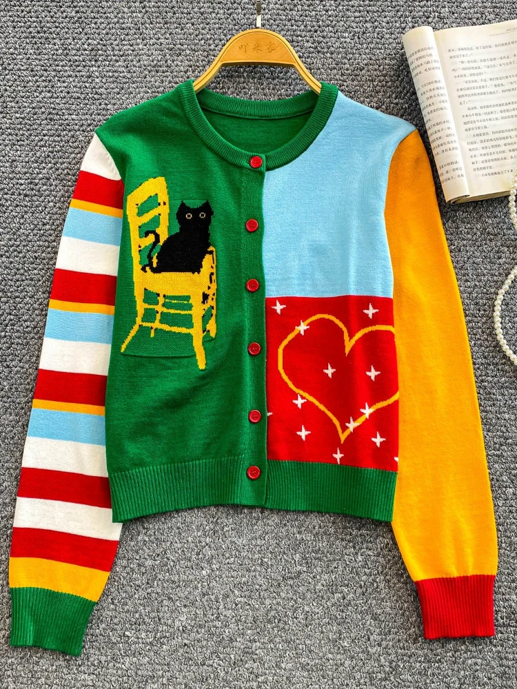 

Women's autumn and winter casual loose knitted jacket sweet dopamine contrasting color unique design embroidered sweater