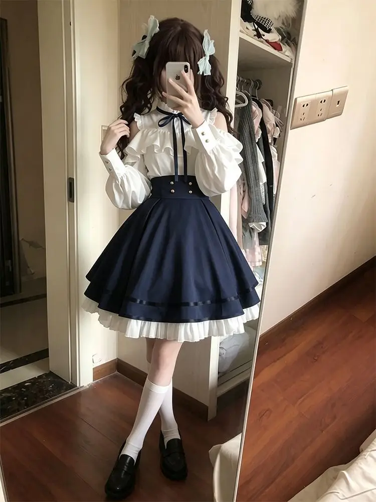 Classic Lolita 2 Piece Skirt Set Women White Ruffle Blouse Navy High Waist A Line Midi Skirt Bow Lace Vintage Tea Party Outfit image 4