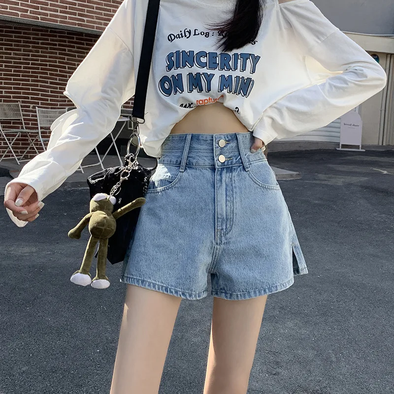 

Summer Women's High Waist ort Denim orts Hot Jeans Ladies Faion High Waist orts Button Crt Light Color Wide Leg Jeans