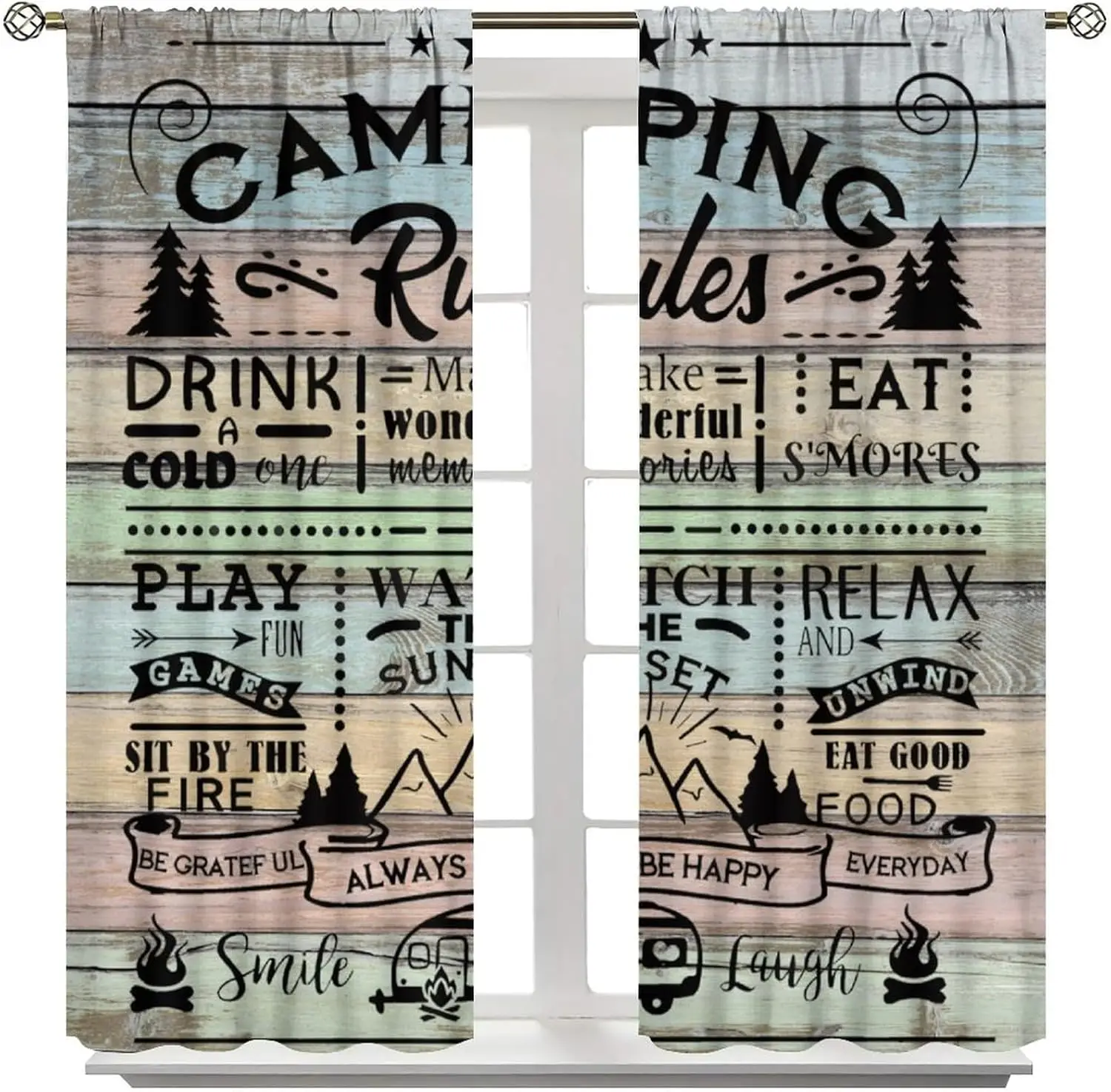 RV Camper Window Curtains Retro Farmhouse Camping Rules Quote Window Treatments for Travel Trailer Rustic Cabin Country Happy