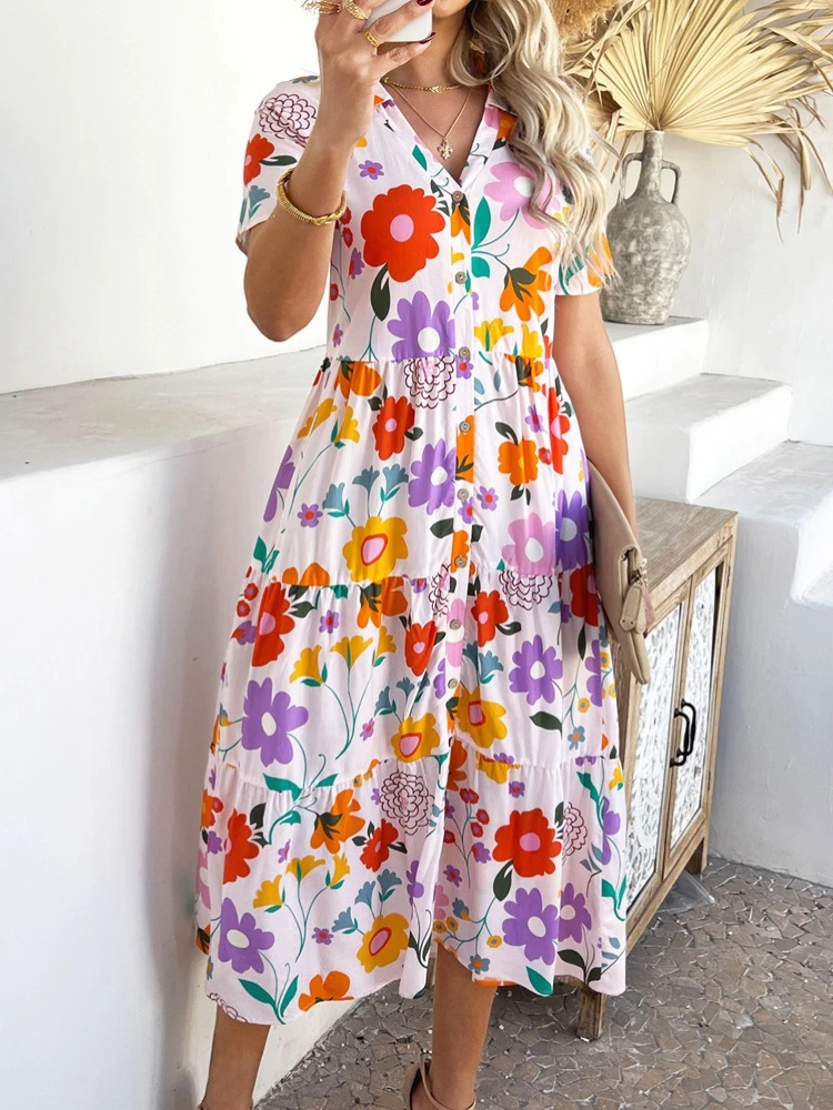 Sukienka Boho - Sukienka Wakacyjna z Geometrycznym Nadrukiem i Wysokim Stanem, Luźna Sukienka Maxi na Plażę z Blokami Kolorów, Sukienka Kopertowa w Stylu Bohemy