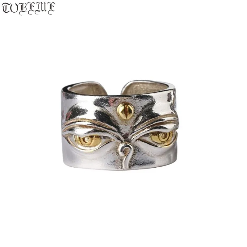 Real 925 Silver Buddhist OM Mani Padme Hum Wisdom Ring Tibetan Buddha Eyes Ring Good Luck Jewelry Resizable