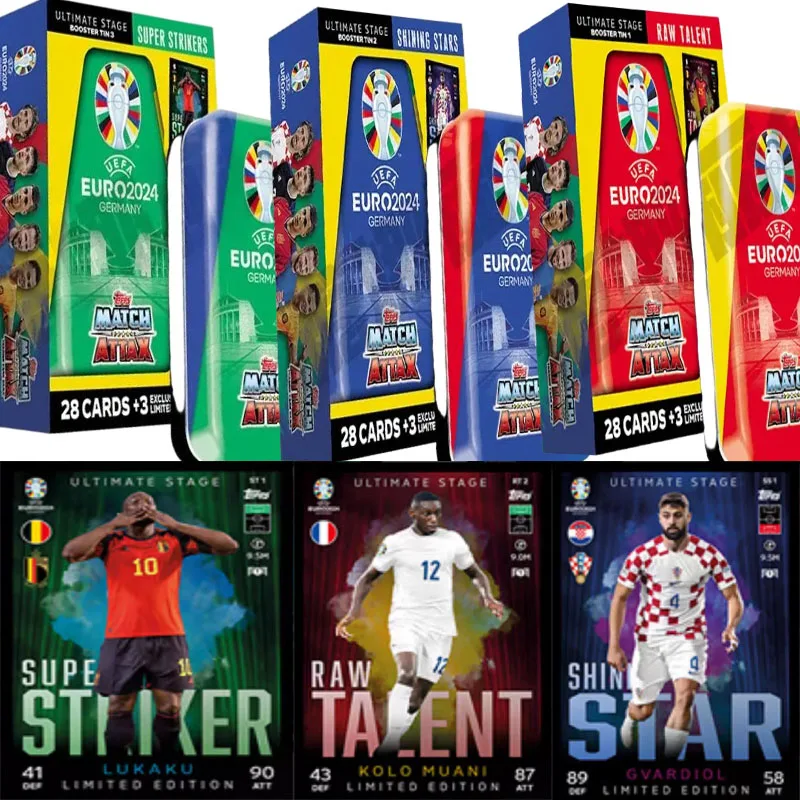

Оригинальный коллекционный подарочный набор футбольных карточек Topps Чемпионата Европы 2024 в портативном жестяном футляре, стильный дизайн