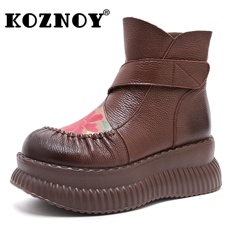 

Koznoy 6cm Natural Cow Genuine Leather Ladies Fashion Ankle Booties Moccasins Print Boots Autumn Motorcycle Women Chimney Shoes