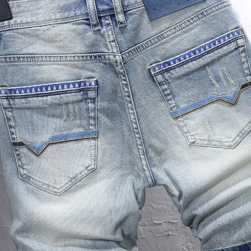 Street Fashion Men's Split Jeans High Quality Retro Blue Elastic Slim Fit Jeans Men's Patch Designer Retro denim shorts Hombre