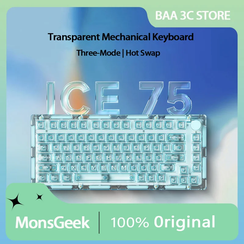 

Akko MonsGeek ICE 75 Mechanical Keyboard Fully Transparent Three-Modes RGB Backlit Hot-swappable Customized Gaming Keyboard