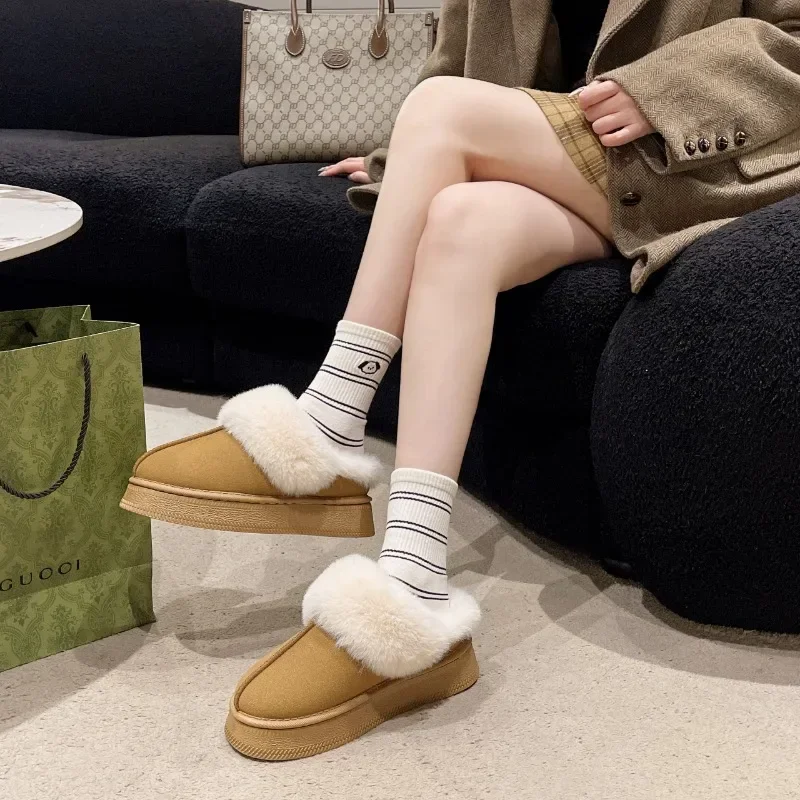 2024 New Leather Women Fashion Winter Indoor Solid Color Suede Fur Slippers Ladies Home Platform Warm Slip-on Women's Shoes image 5
