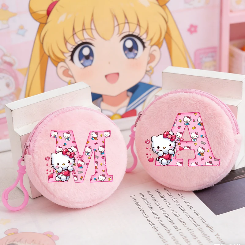 

Cute Kitty Coin Purse Girl's Plushd Sanrio Letters Anime Print Kids Kawaii Portable Wallet Key and ID Card Storage Mini MoneyBag