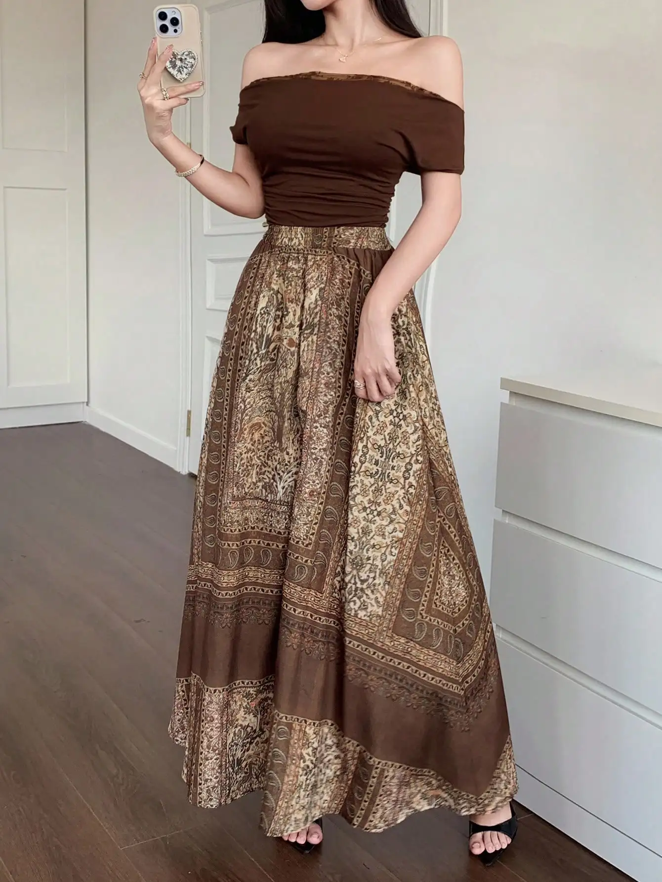 Off Shoulder Top And Maxi Skirt Set Women Casual Bohemian Print Two Piece Outfit