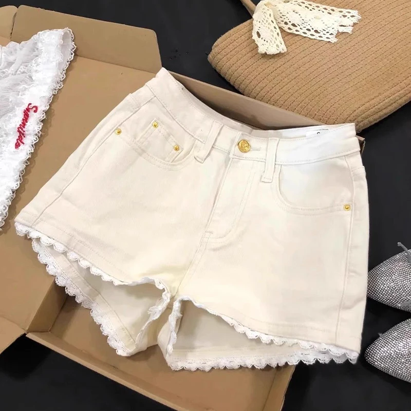 Sweet Hottie Lace Patchwork Denim Shorts Women Summer Simplicity Office Lady White Wide Leg Fashion Appear Thin Trend Straight