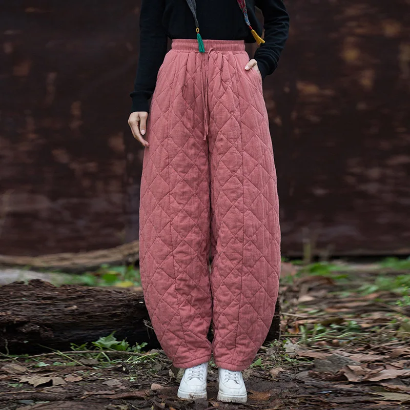 Winter Warm 100% Cotton Pants Women's New Quilted Thicken Pattern Dad Pants Harajuku Literary Loose All-match Harem Pants Women