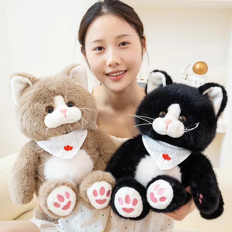 

25/35cm Bib Fluffy Cat Doll Plush Toy Sitting Cartoon Animal Brown Black Kawaii Plushie Birthday Gift