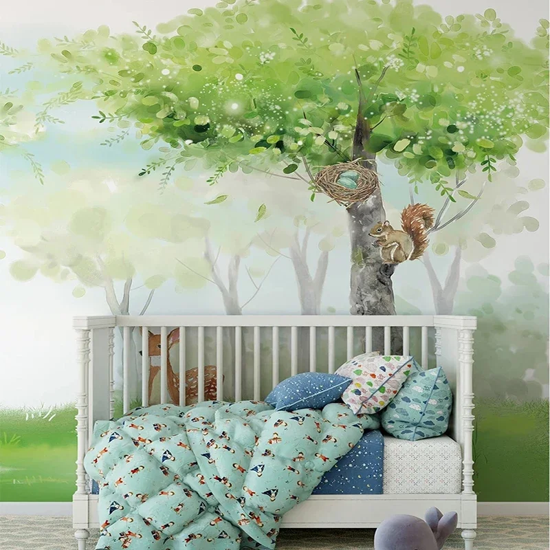 Photo Wallpaper Hand Drawn Forest Animal Fawn Pine Tree Murals Living Room Bedroom TV Backdrop Wall Cloth Decor Papel De Parede