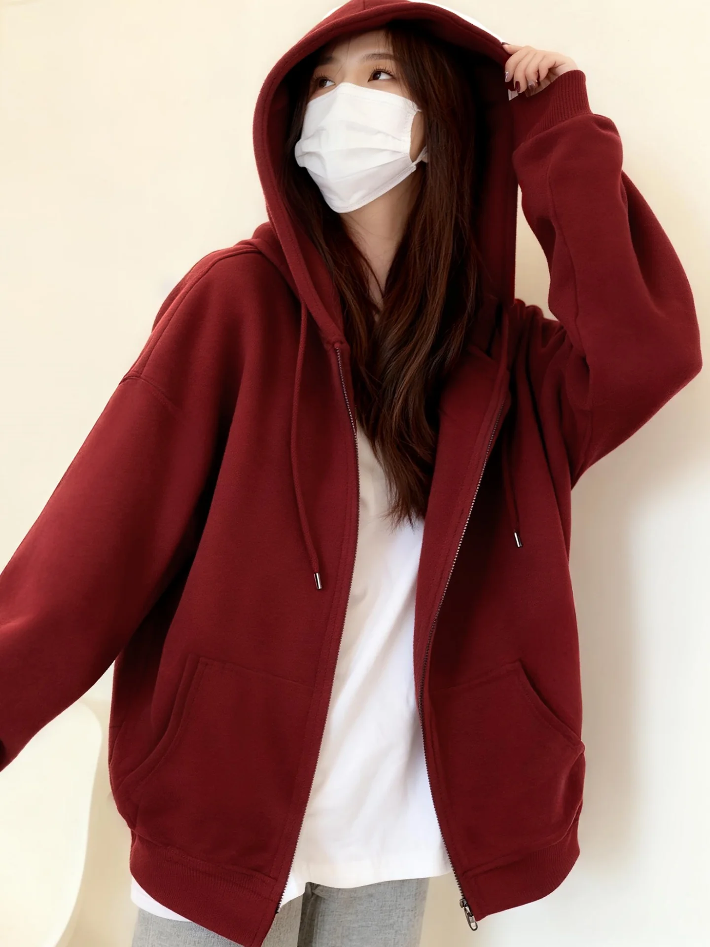 

Женская теплая зимняя куртка-кардиган с капюшоном на молнии, свободного кроя, красная, из хлопка и полиэстера, дышащая, комфортная