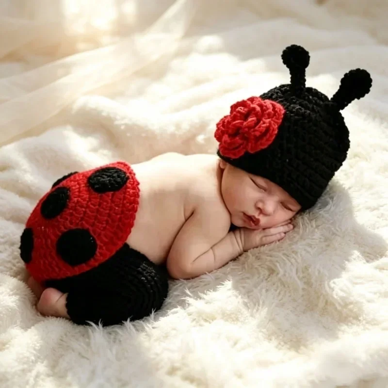 Hand Crocheted Ladybug Posing Outfit Set Knitted Hat And Wrap Studio Portrait Shooting Costume Photography Prop Accessory Supply