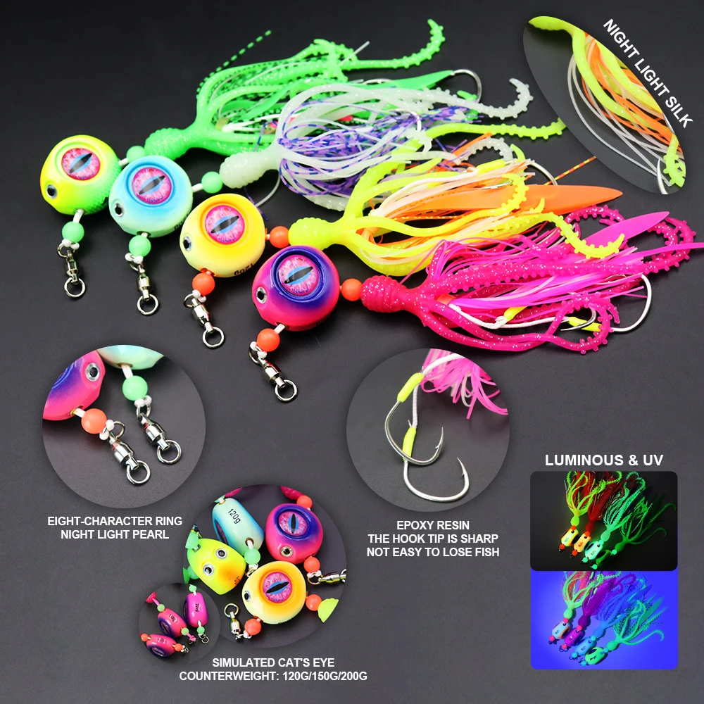 ZYZHE 1 Stück Meeresfischerei-Köder 120/150/200G Leuchtender JIG mit Weichem Oktopus-Köder Bootsfischen Schnurhaken Tiefsee-Angelköder – Detail 5