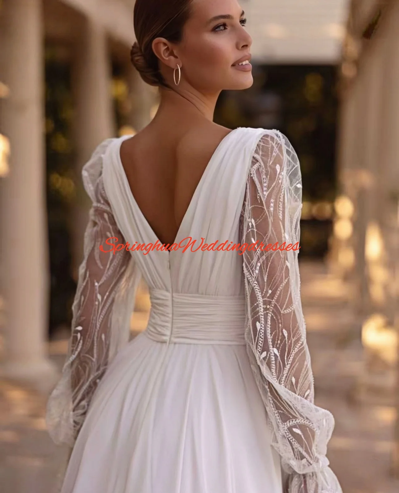 カスタマイズされたウェディングドレス女性のためのパフスリーブ V ネックジッパー A ラインアップリケシフォン Vestido