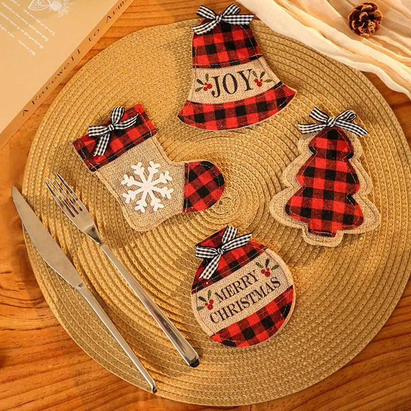 Christmas Cutlery Bag Red Black Checkered Dinner Table Decorations Christmas Utensil Bags 12.5cm/4.9inch Christmas Utensil