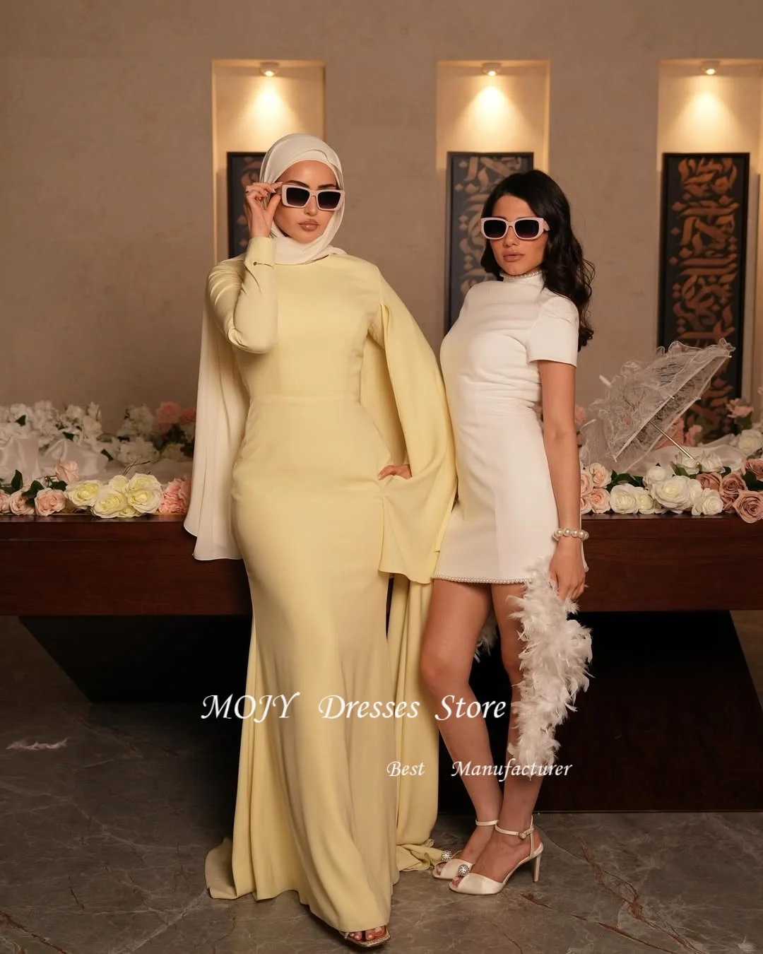 Mojy Blush Yellow Crepe Evening Dresses High Neck Full Sleeves Mermaid Formal Occasion Dress Elegant Prom Gown