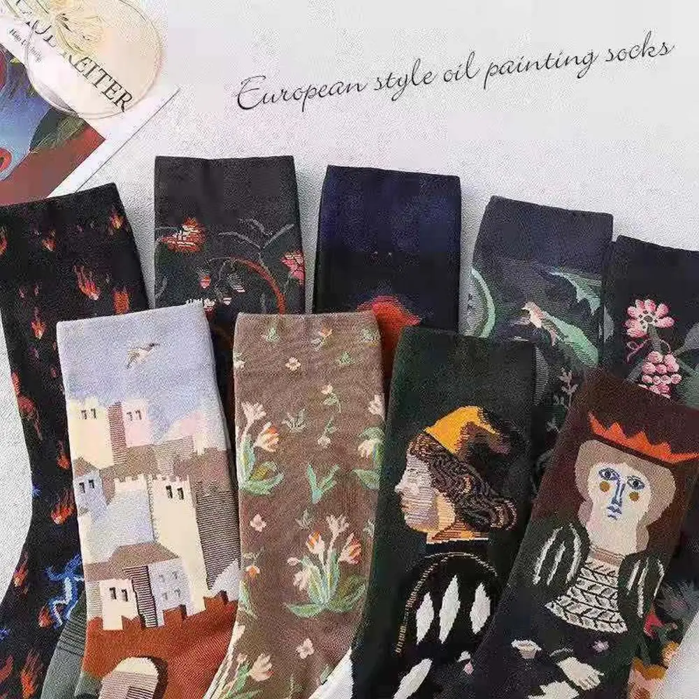 Fashion Female Hosiery Retro Cotton Couples Socks Female Mid-tube Sock Autumn Winter Socks Oil Painting Socks