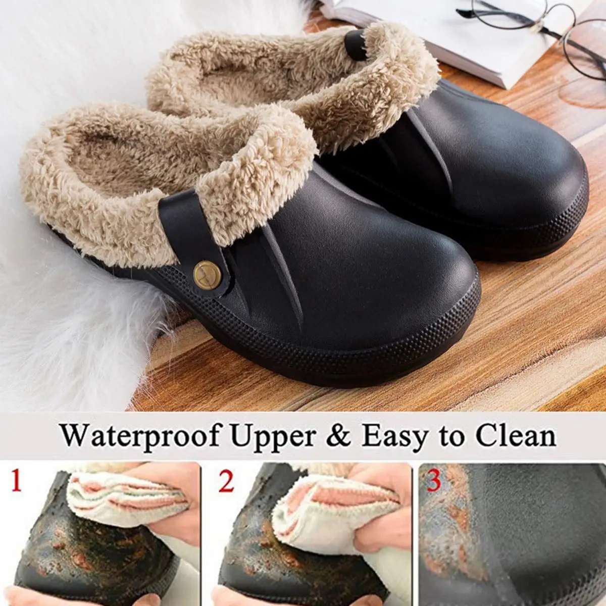 Kidmi Women Fur Clogs Slippers Fashion Fuzzy Men Garden Shoes Outdoor Waterproof House Shoes Winter Antiskid Work Men Shoes