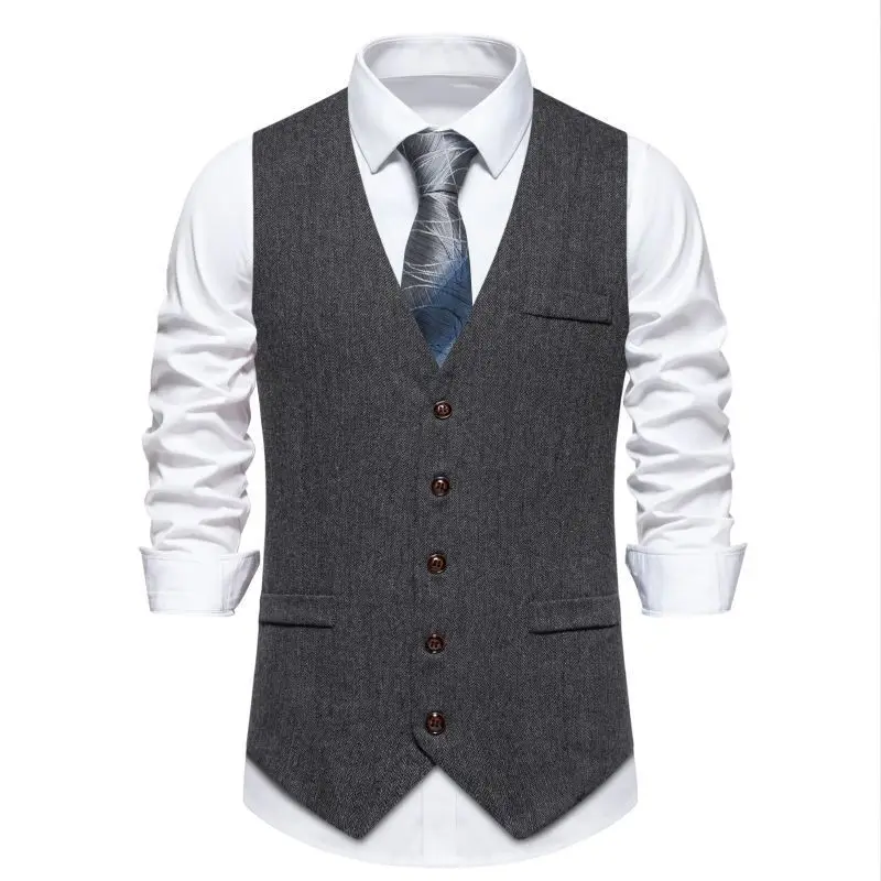 #4856 Khaki Gray Men\'s Sleeveless Vest Single Breasted Office Male Vest V-neck Split Joint Elegant Man Vest Regular Fit Spring