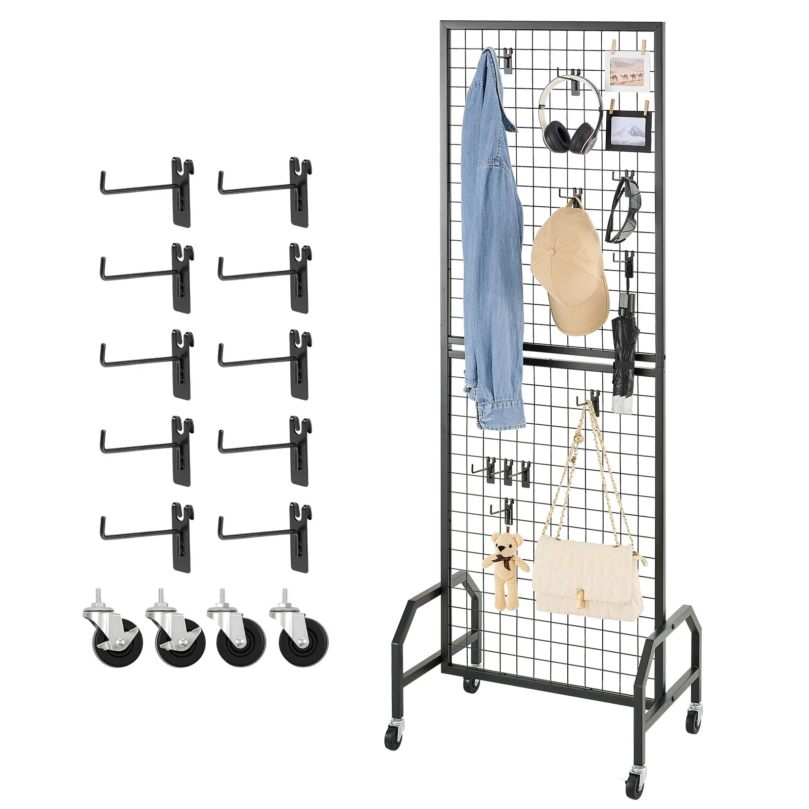SucceBuy Grid Wall Panel Wire Grid Panels Display Rack Movable Art Display Shelf with Wheels and Hooks for Craft Show Decoration