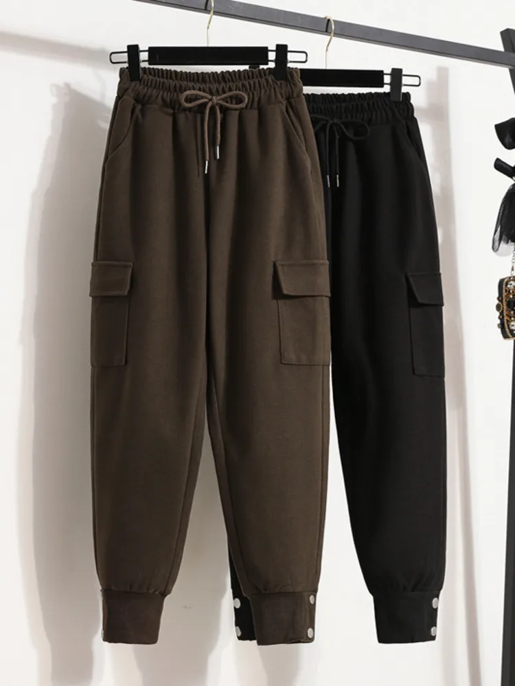 

Fall Winter Thicken Harem Cargo Pants For Women High Waist Drawstring Pockets Pants Y2k Harajuku Trousers For Women Warm Pants