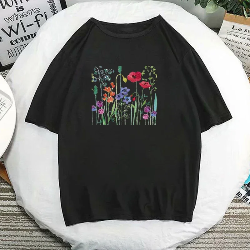 Fashion Women T Shirt Flower Printed T Shirt Casual Black/White Tops O-neck Blusa Female Clothing Woman Clothes Koszulki Student