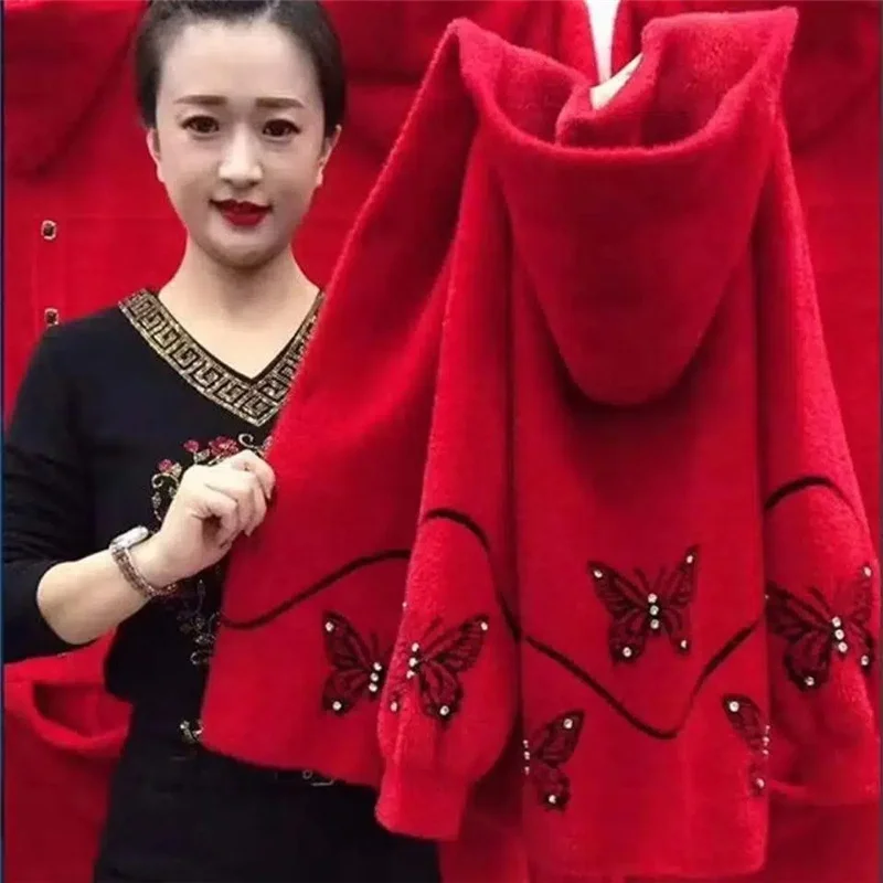 

Autumn Winter New Imitation Mink Fleece Coat Hooded Knitted Sweater Cardigan Spring Middle Aged Female Butterfly Tops JJ403