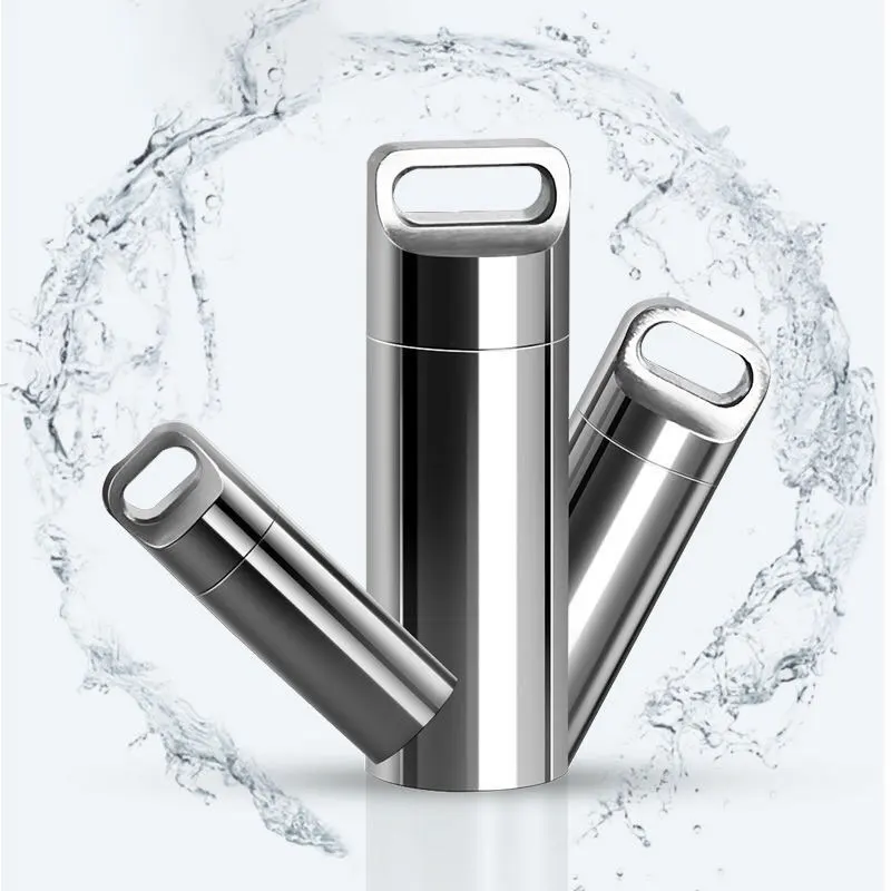 S/M/L Portable Stainless Steel Sealed Capsule Bottle Mini Waterproof Jar Pill Case Camping Firstaid Pendant Keyring Medicine Box